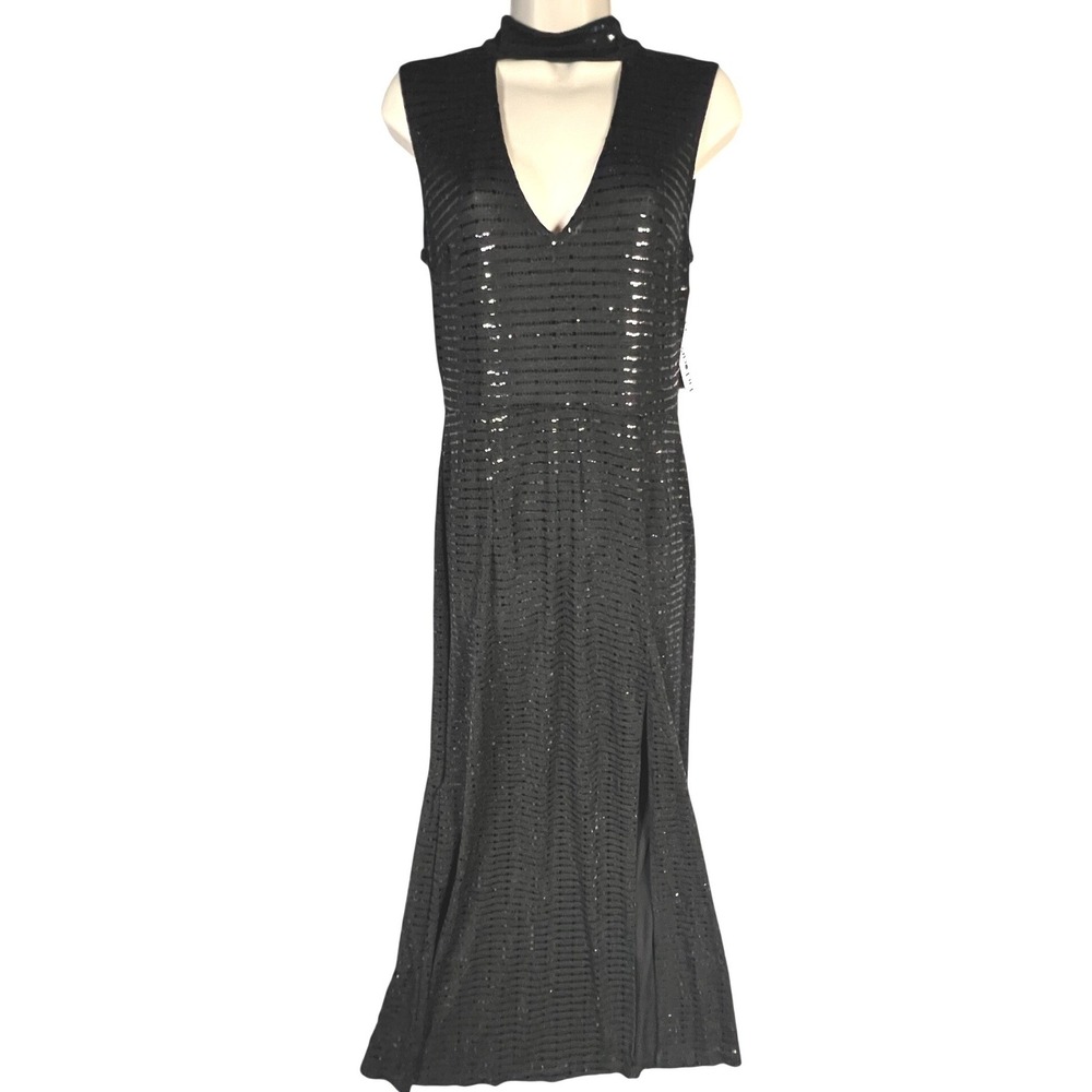 En Focus Studio Black Sequin Maxi Dress 10 Choker Cutout Formal Evening Gown New - Picture 2 of 10